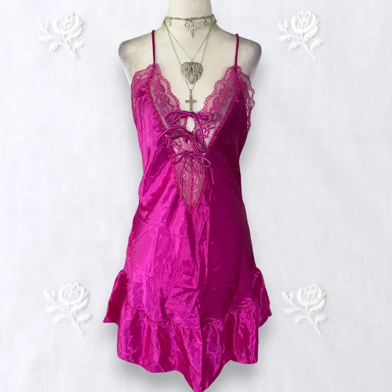 Featherbed Early 2000 Bright Pink Satin Fairy Lace Up Lingerie Slip Mini Dress Size M - Image 2