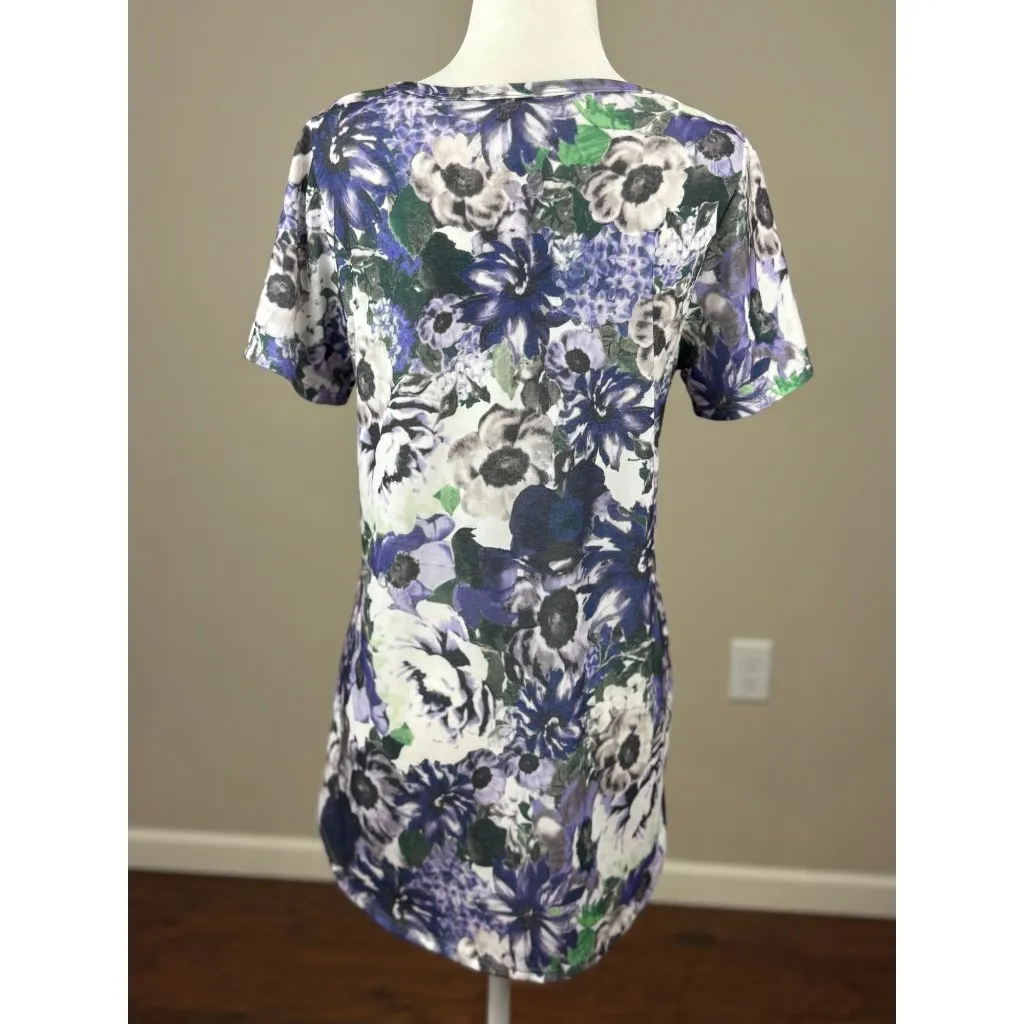 NEW LuLaRoe Womens Knit Tunic Top S Short Sleeve Purple Green Floral Scoop Neck - Image 2