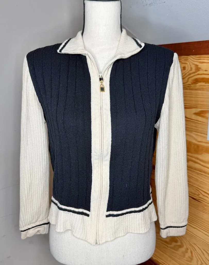 Vintage St. John Collection Full Zip Collared Knit Sweater Black Cream Small S - Image 1
