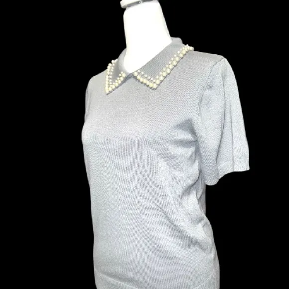 Luna Gray Short Sleeve Sweater with Pearl Collar - Image 5