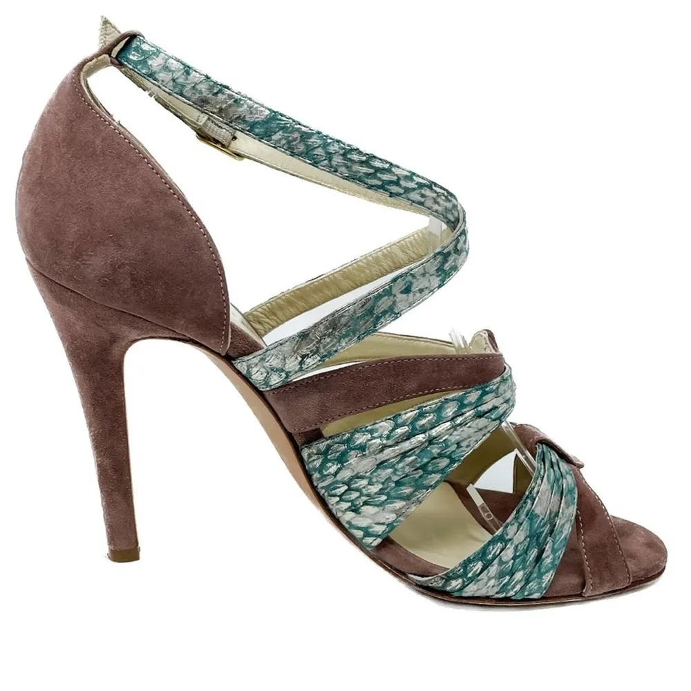Sarah Flint Aqua Mauve & Gold Suede & Snakeskin Print Vilma Sandals size 37 - Image 12