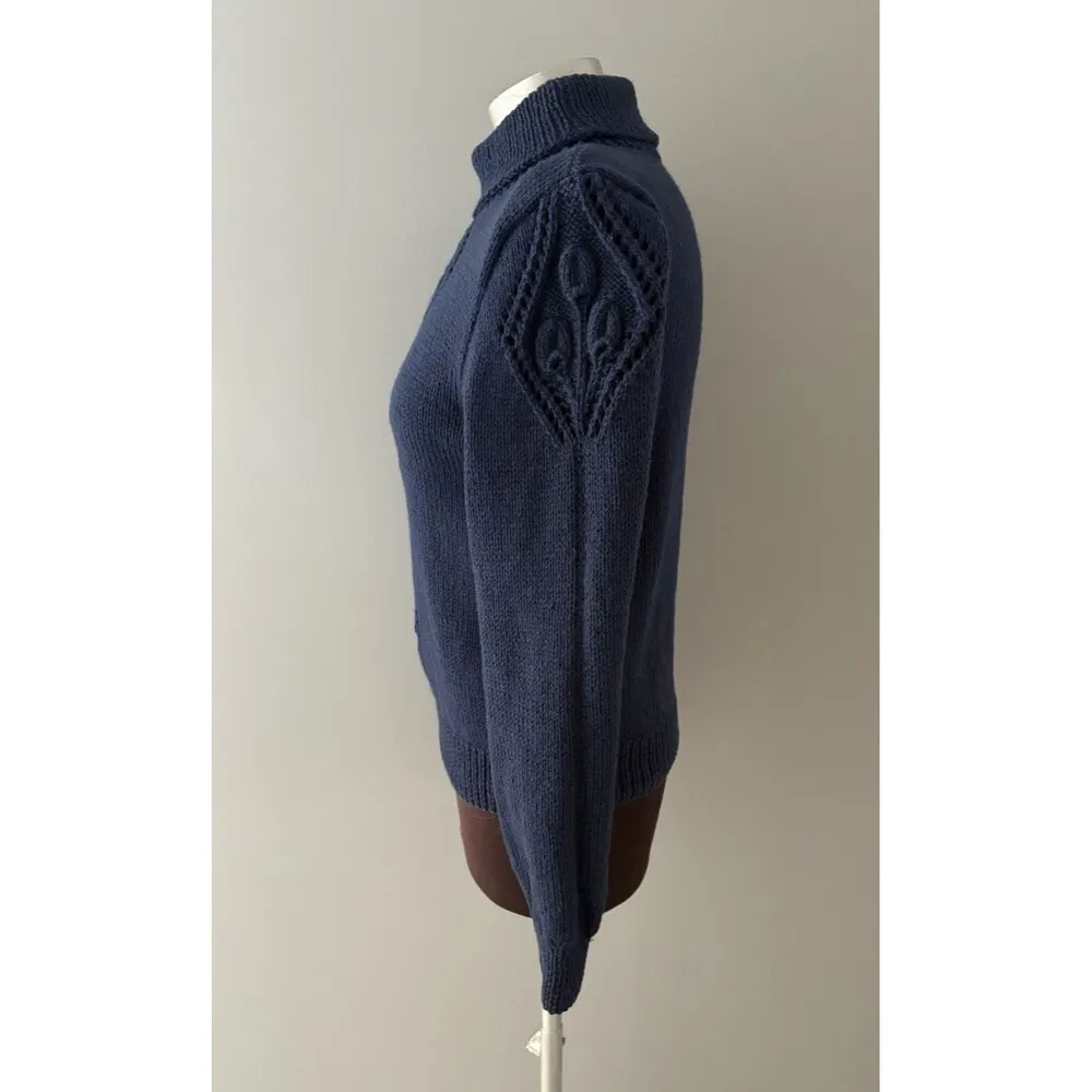 Vintage Mark Shale Sweater Size Medium Blue Wool Turtleneck Hand Knitted Tulips - Image 2