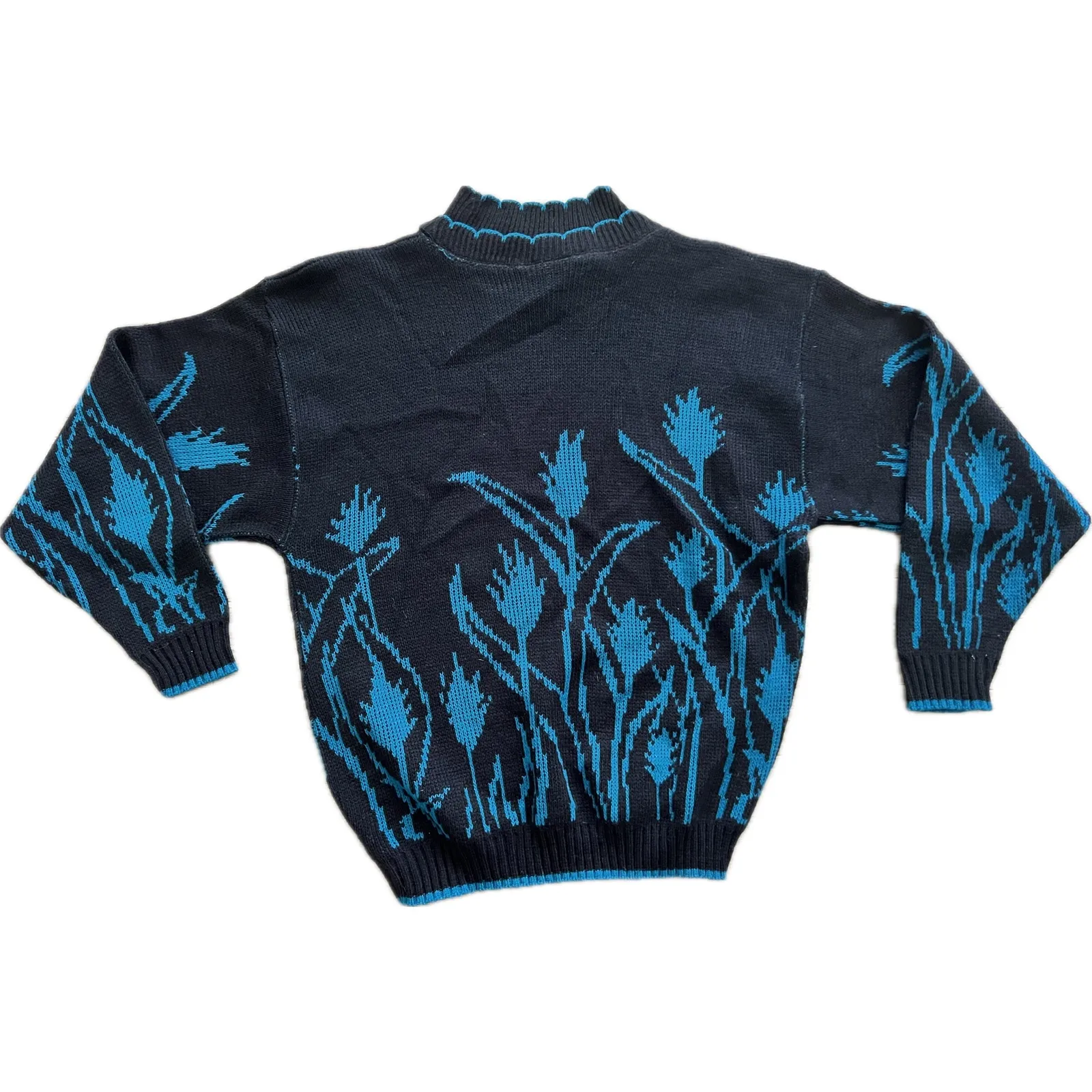 Vintage Amana 60s 70s Tulip Flowers Ski Sweater Art Artsy Black Turquoise XL - Image 2