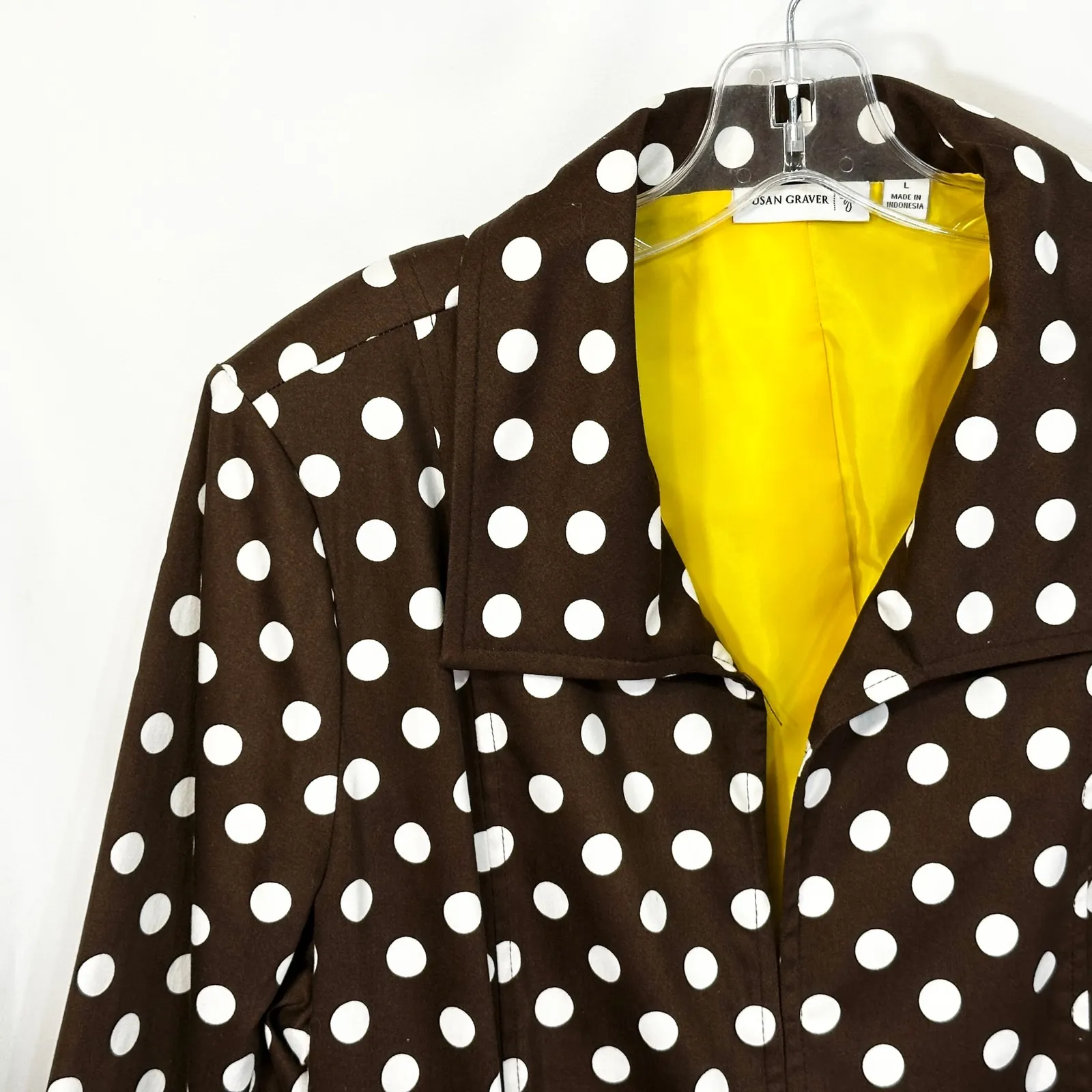 Susan Graver  Large Jacket Brown White Polka Dot Blazer Yellow Lined‎ Ruched 1198 - Image 3