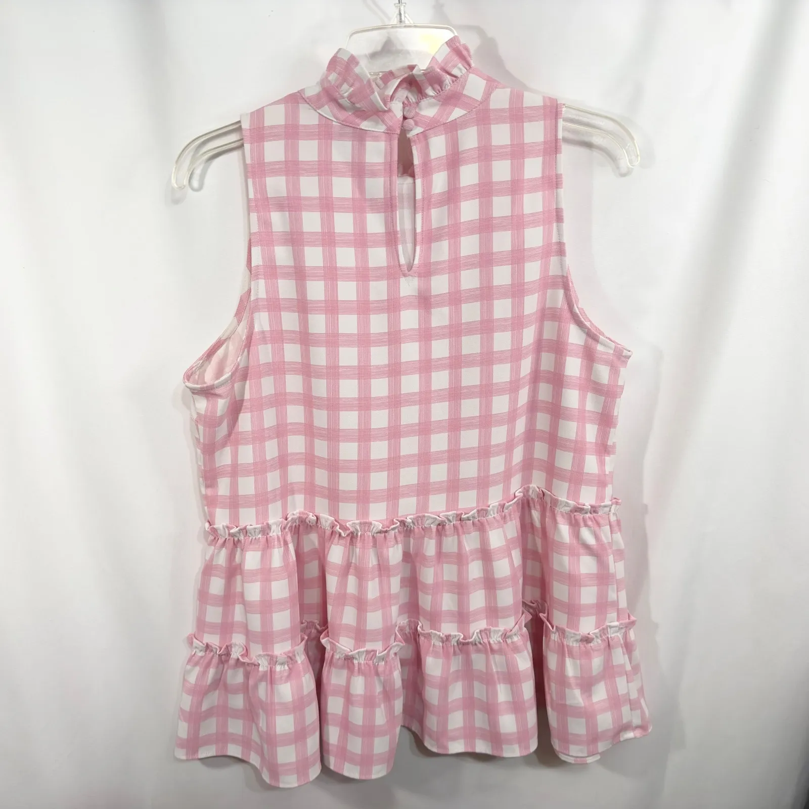 Crown & Ivy Large Top Ruffle Mock Neck Sleeveless Top Pink Gingham Tiered 1295‎ - Image 3