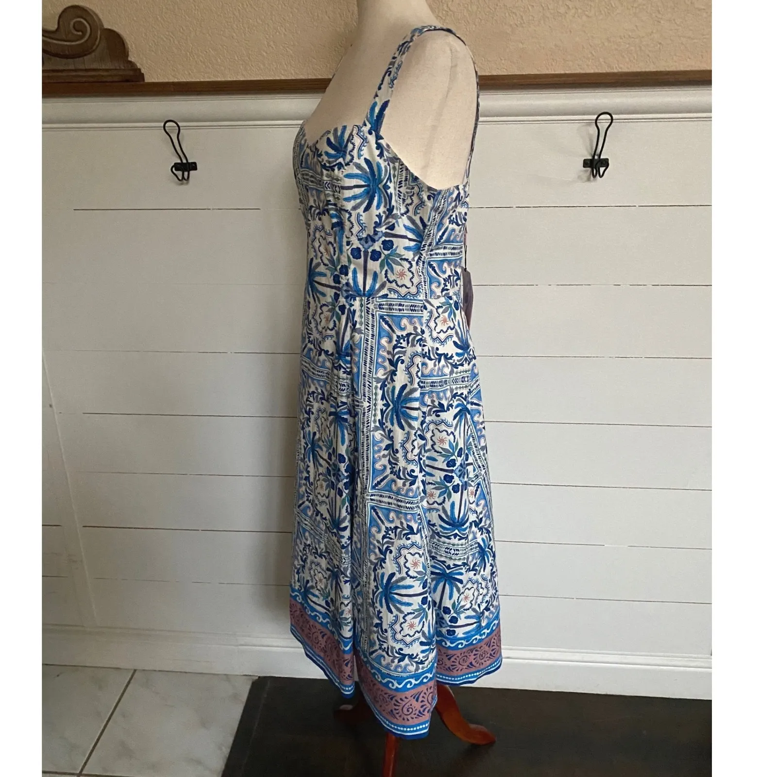 Avec Les Filles Sleeveless Blue Palm Tile Sweetheart Neckline Midi Dress 12 -NWT - Image 7