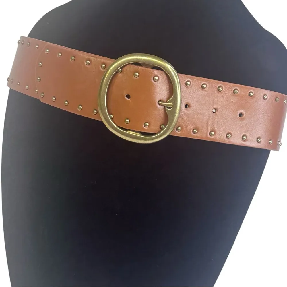 2 Inch Wide Tan Brown Studded Elastic Back Fashion Belt with Gold Buckle 33 inch - Image 3