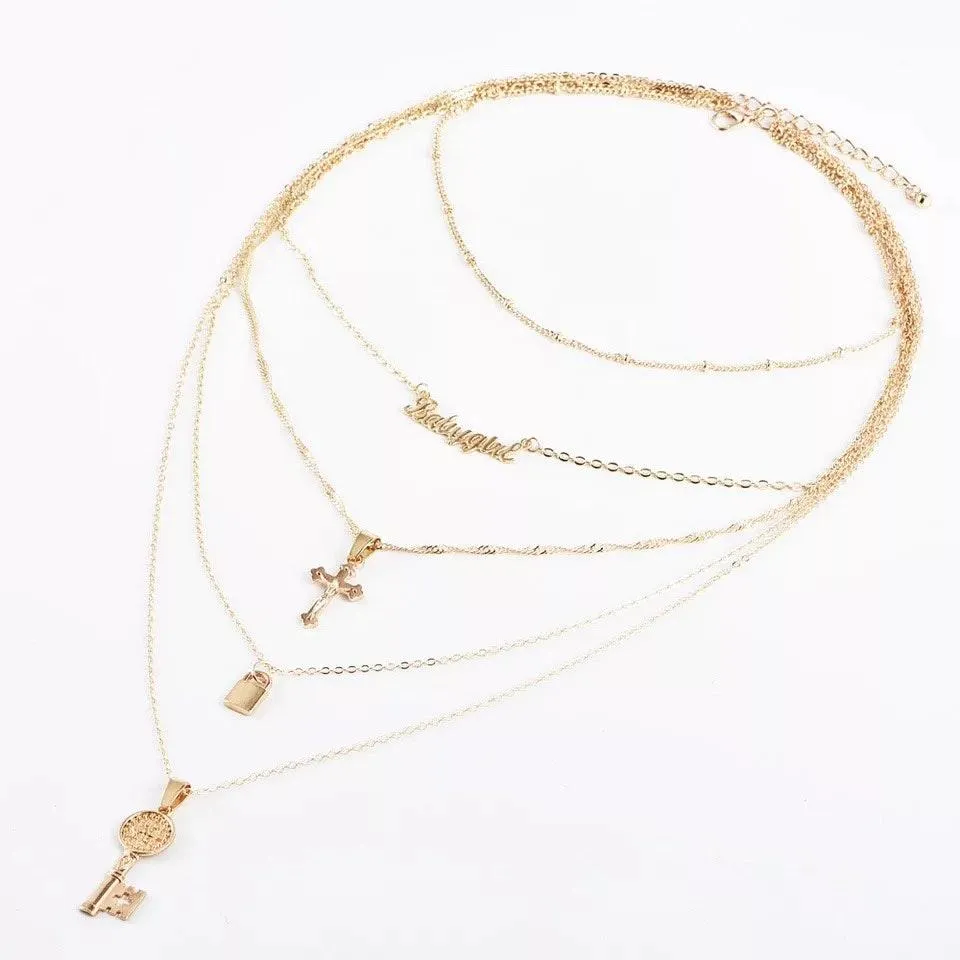 Boutique Lock Key Cross Pendant Multilayered Chain Necklace  - Image 3