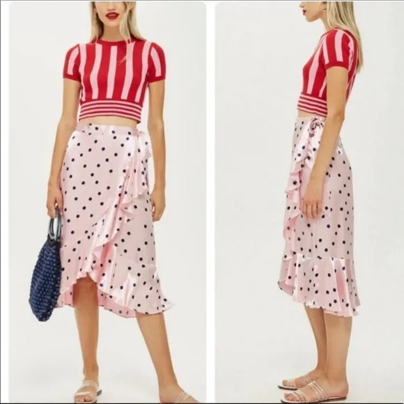 TopShop Pink Polka Dot Satin Ruffle Wrap Skirt - Image 2