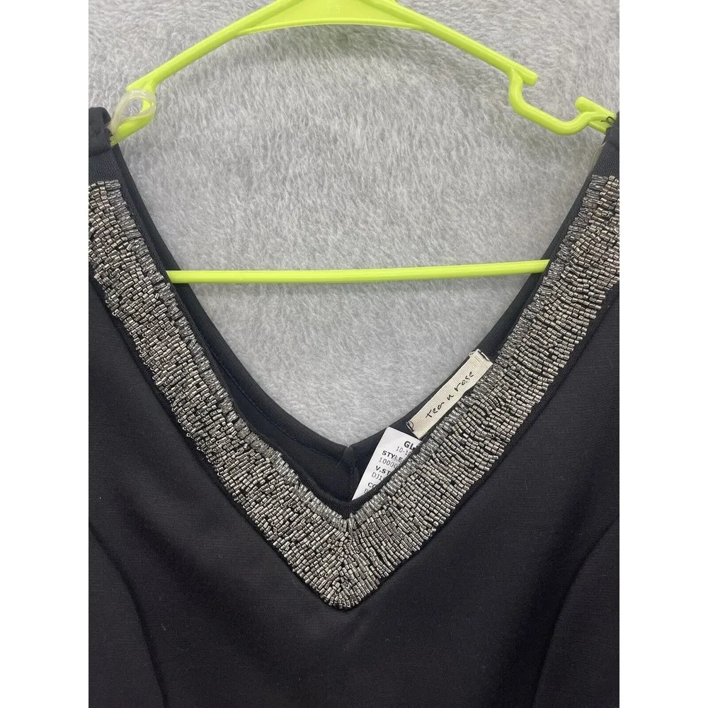 Tea n Rose Women's Dress Fitted Long Sleeve Beaded V Neck Black Size Small - Image 10