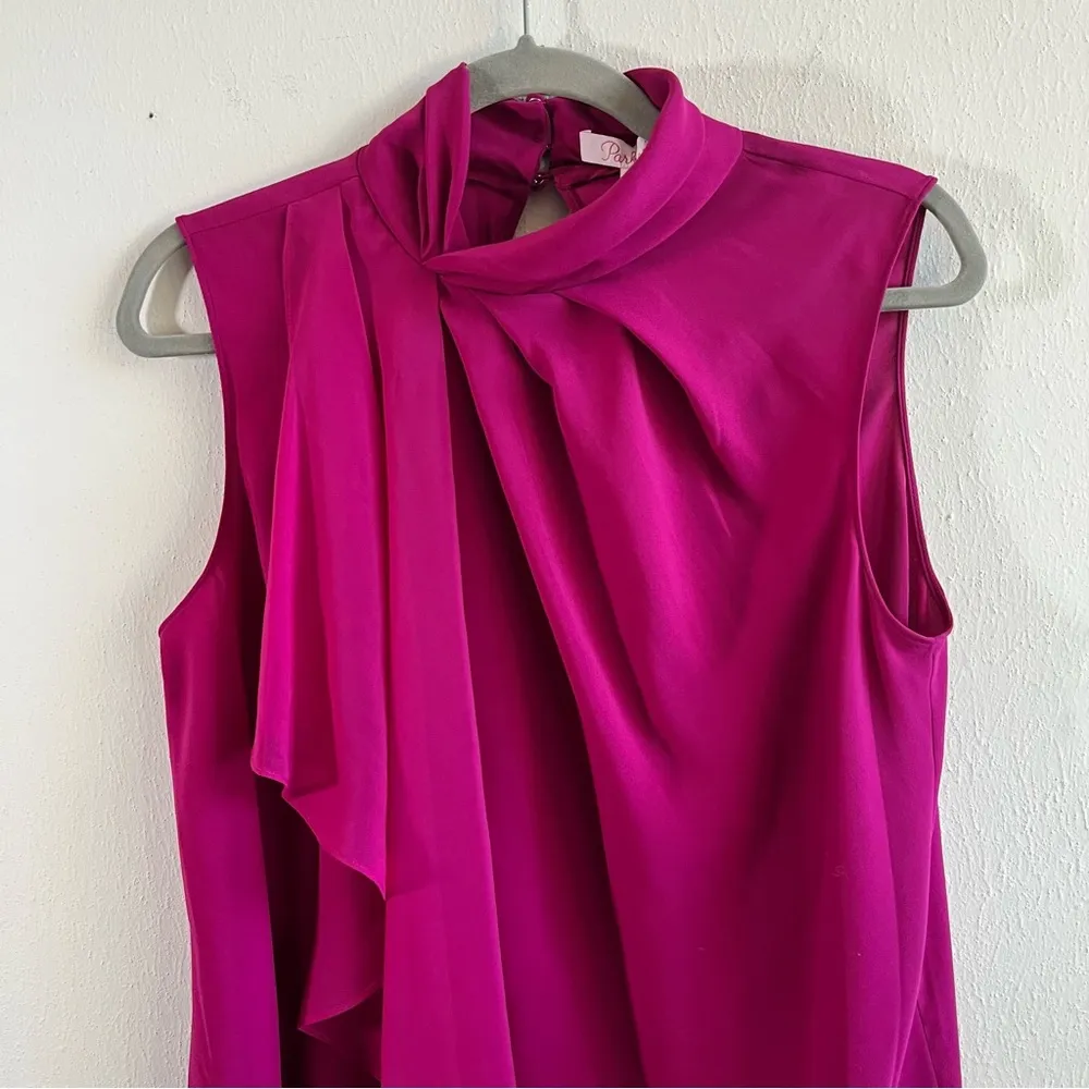 Parker NYC Blouse Megan High Neck Flounce Sleeveless Top in Dark Azalea Sz M NWT - Image 5