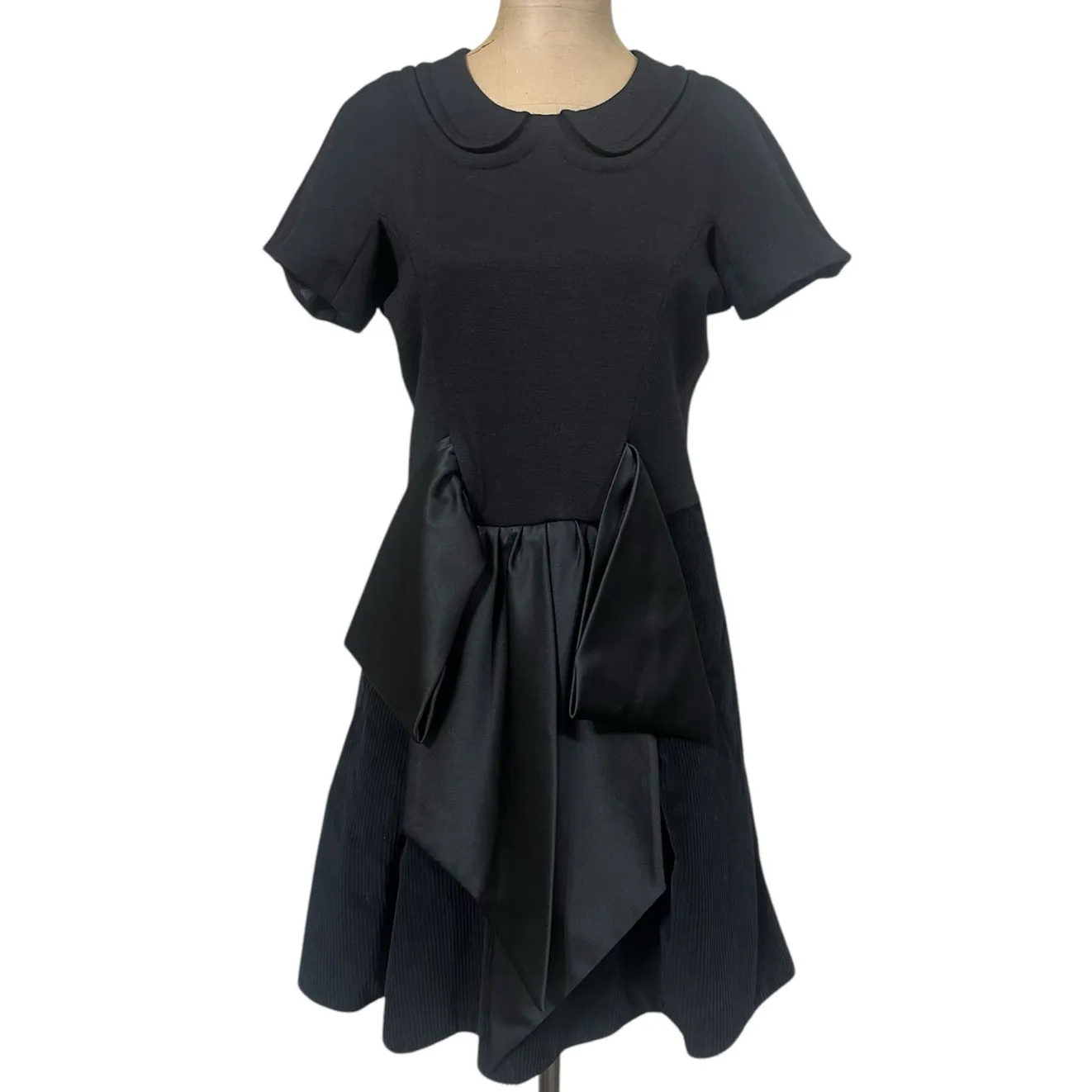 Marc Jacobs Mini Dress Black Wool & Corduroy Satin Bow Short Sleeve size Small - Image 5