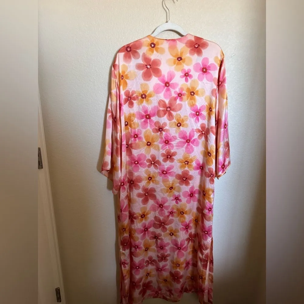 Vintage Lejaby Saks Fifth Avenue Retro Floral Silk Kaftan Dress‎ Sz Small Pink - Image 6