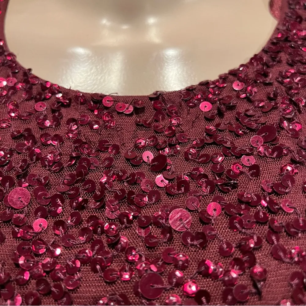 Adrianna Papell size 6 Wine Tulle Maxi Dress sequined top long gown short sleeve - Image 15