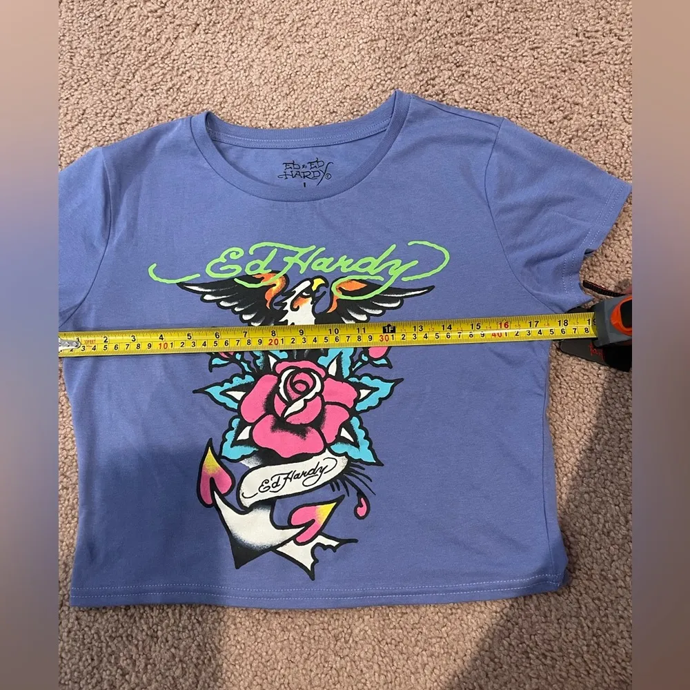 ED HARDY Pale Blue Graphic Print Crop Top Tee - Image 5