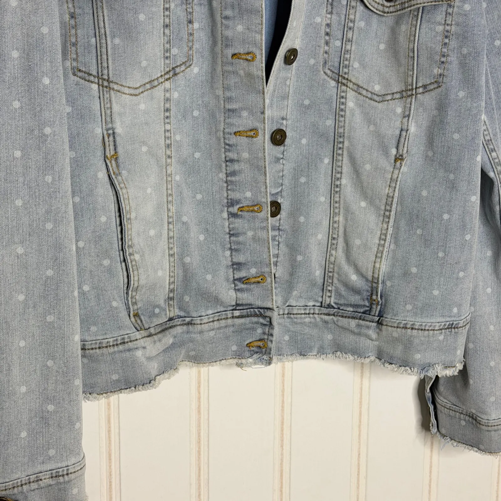 Matilda Jane Polka Dot Denim Jacket Distressed Frayed Hem Light Wash Womens XXL - Image 2