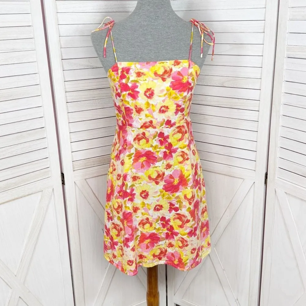 Old‎ Navy Floral Linen Tie Shoulder Cami Mini Dress Sundress Pink Yellow Small - Image 2