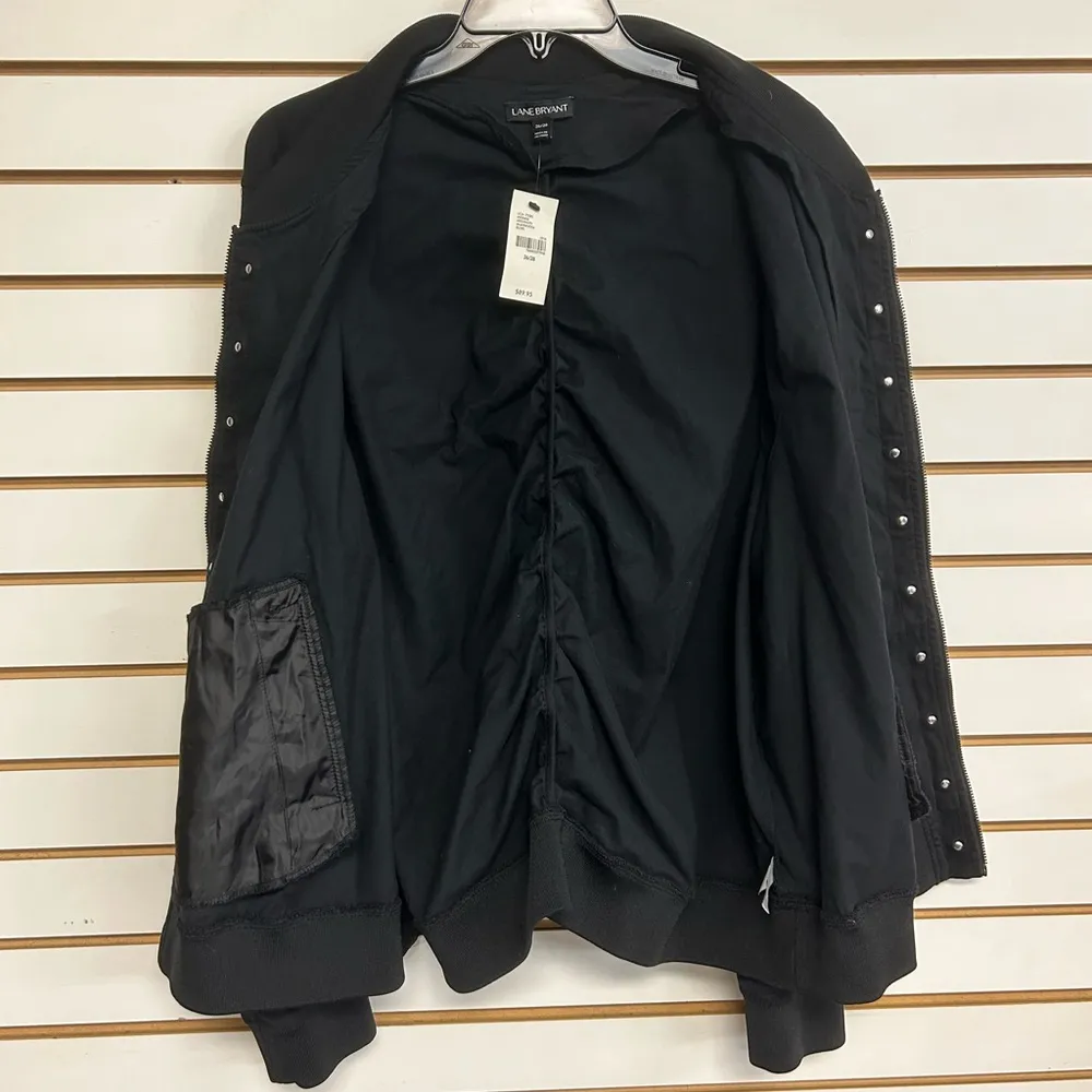 Lane Bryant 26/28 Bomber Jacket Black Faux Pearl Full Zip Long Sleeve Ruched NWT - Image 6