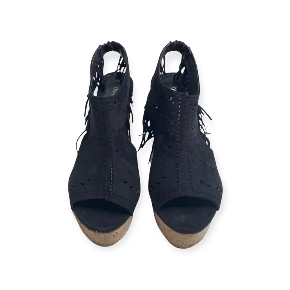 Olivia Miller š Fringe Peep Toe Cutout Cork Wedge Sandals š Black Microsuede š - Image 8