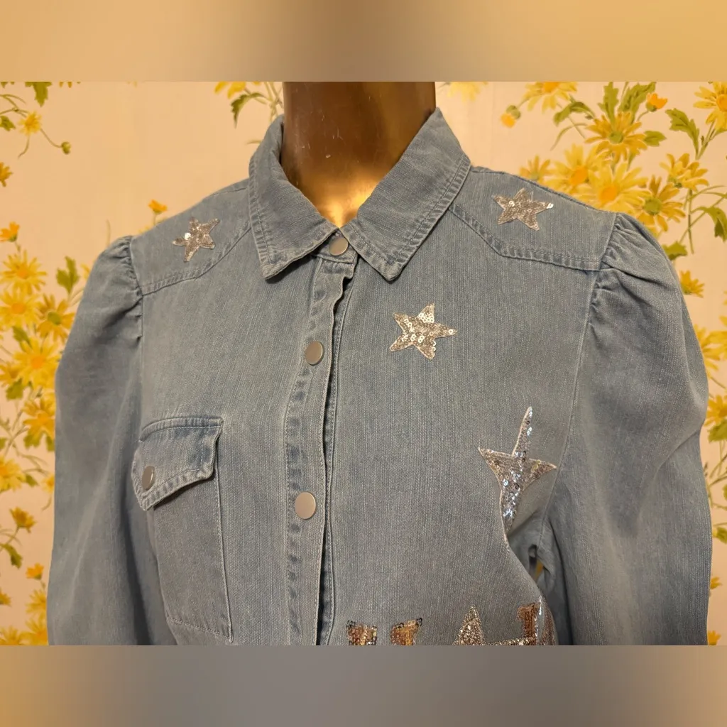 NWOT Western star Sequin button up Shirt size M Blue Size M - Image 12