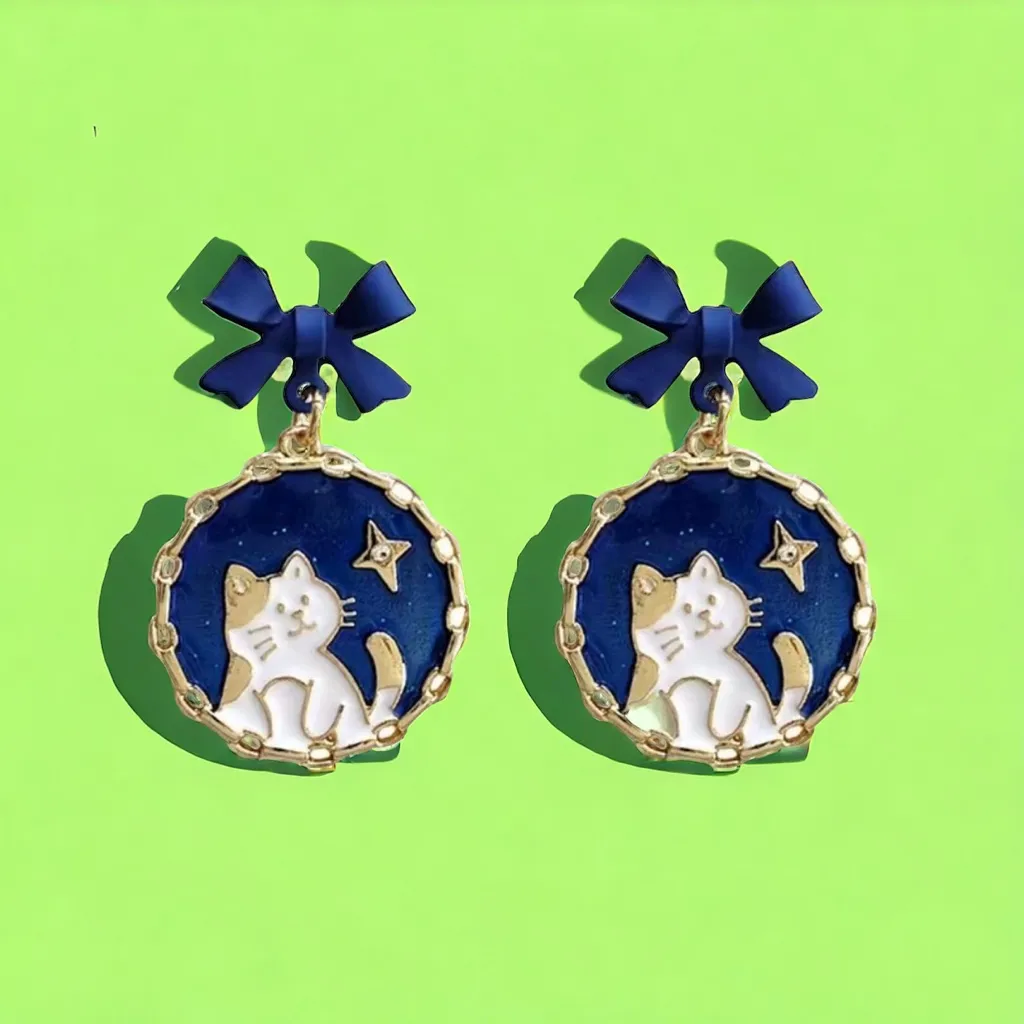 Navy Blue Bowknot Cute Cat Star Print Enamel‎ Dangle Earrings Gold - Image 9