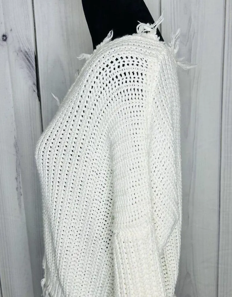 Love Tree Sz Small Cable Knit Crop Slouchy Fit White Sweater Distressed Fringe - Image 5