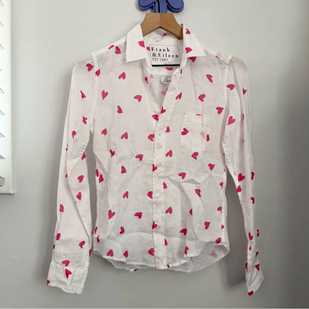 Frank & Eileen XXS Barry Button Up White Shirt Pink Hearts Linen - Image 2