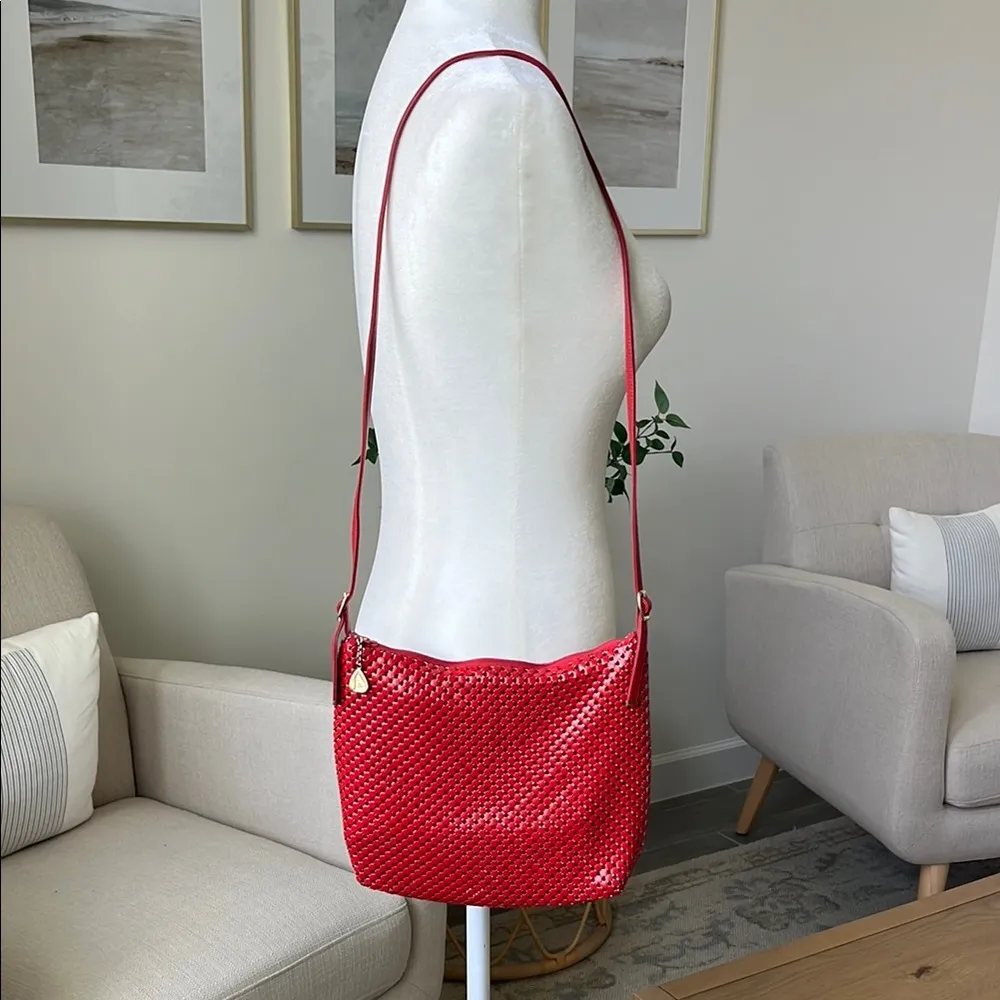 Vintage Whiting & David Red Mesh Crossbody Bag Gold Accents Sailboat Heart Charm - Image 4