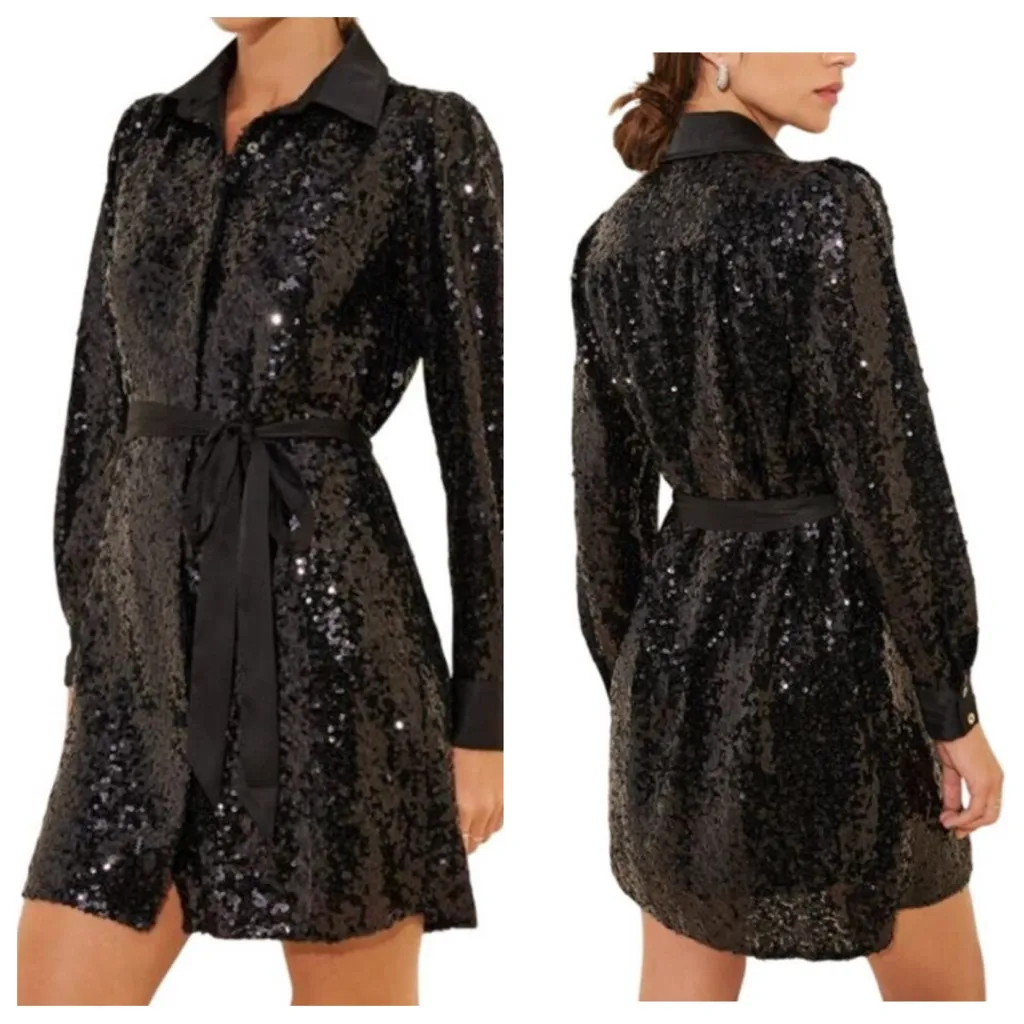 Hutch Black Sequin Satin Collar Tie Waist Mini Shirt Dress Size Small NWT - Image 2