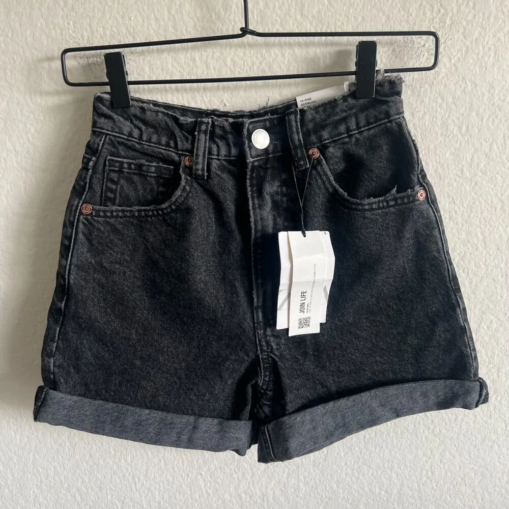 NWT ZARA Black Mom Fit High Rise Bermuda Denim Jean Shorts Womens 0 - Image 3