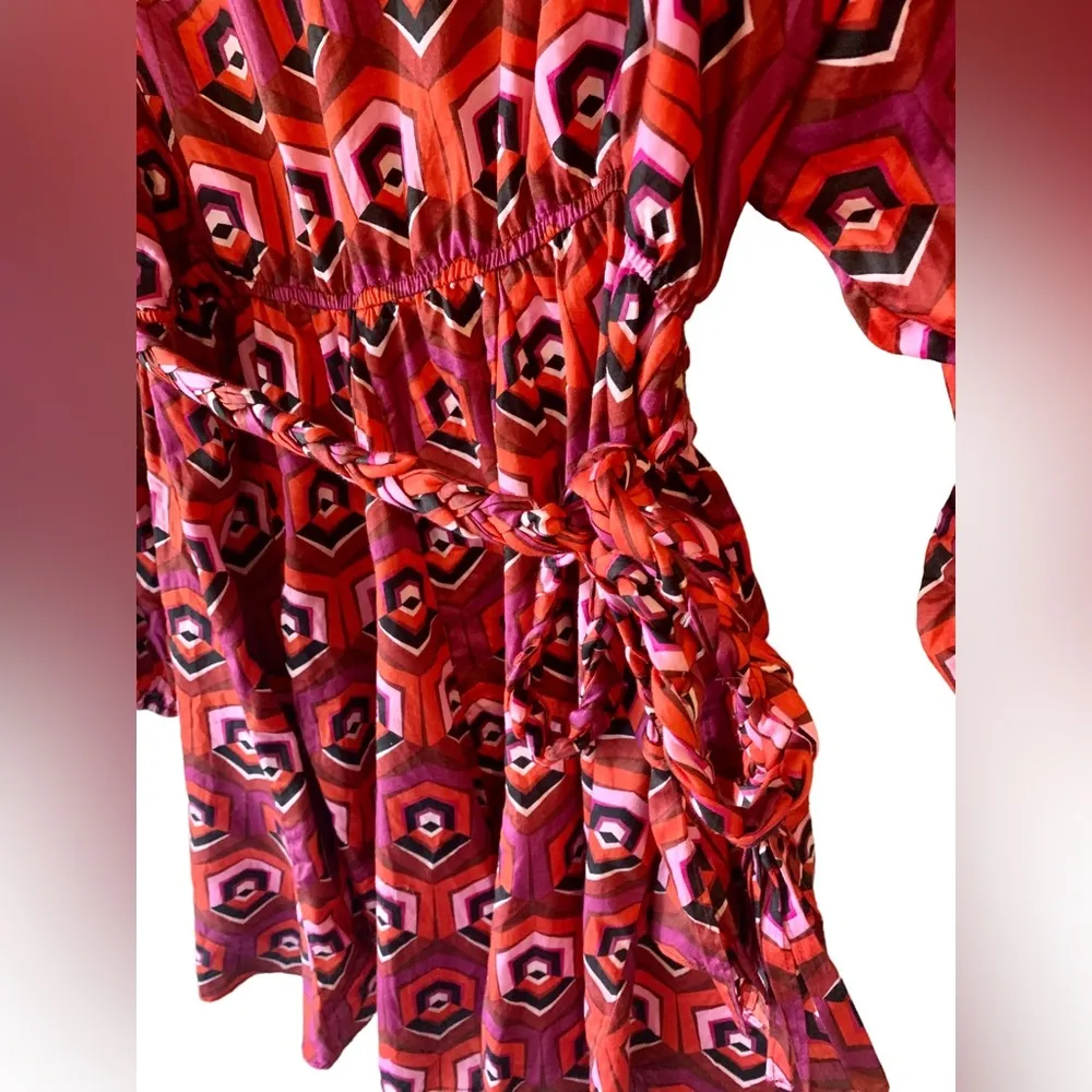 Skies are blue geometric print orange pink black braided cinch mini flare dress - Image 11