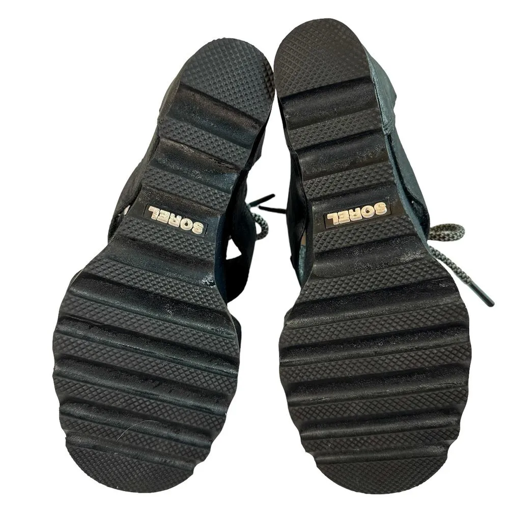 Sorel Joanie Lace Up Wedge Heel Open Toe Leather Canvas Lug Sole Sandal Black 7 - Image 6