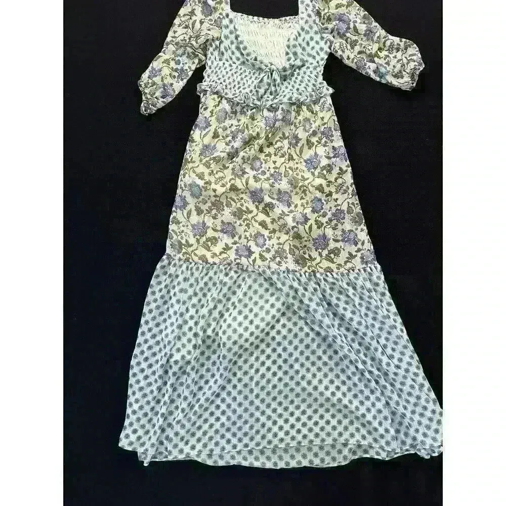 Taylor smocked maxi green/blue floral maxi dress wedding guest dress cottagecore Green Size 8 - Image 8