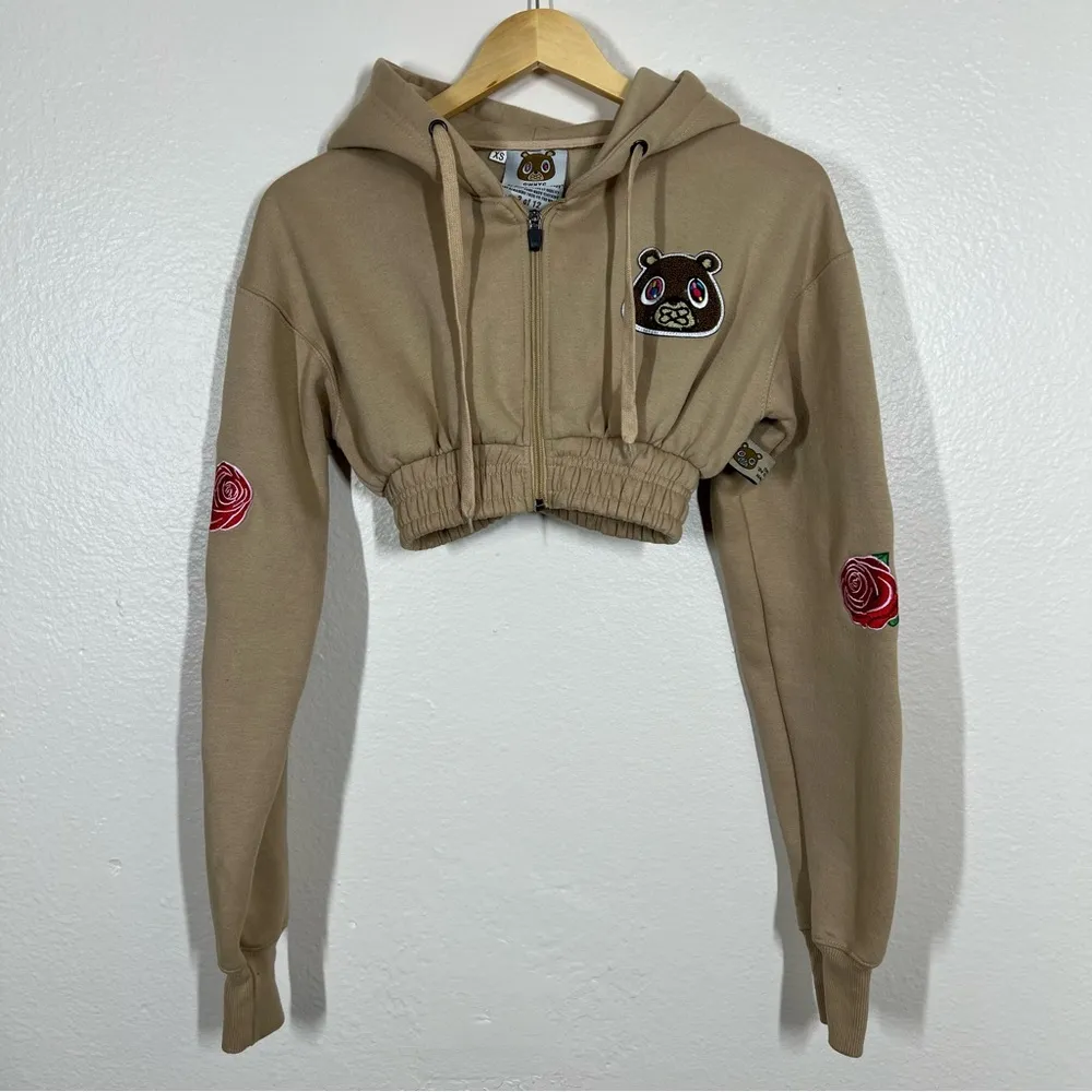OWNYC Tan Embroidered Roses Hooded Cropped Zip - Image 2