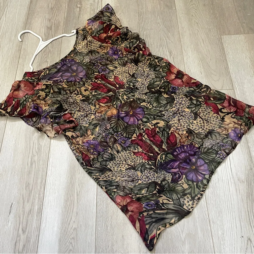 Vintage Silk Top floral ruffle sheer womens size 6 romantic bohemian funky artsy Yellow - Image 4