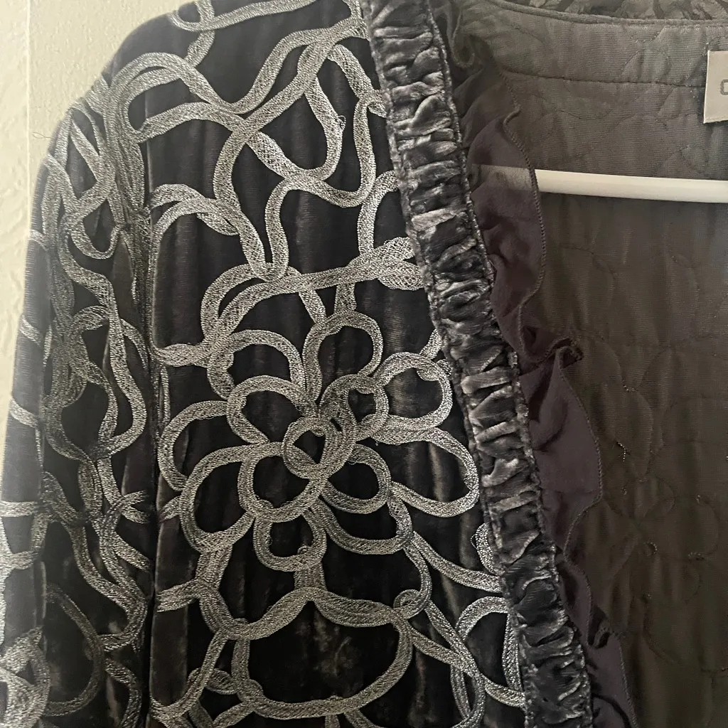 VTG CHICO Grey Metallic floral JACKET Blazer Bohemian Ruffle Artisan Sz 2 - Image 5