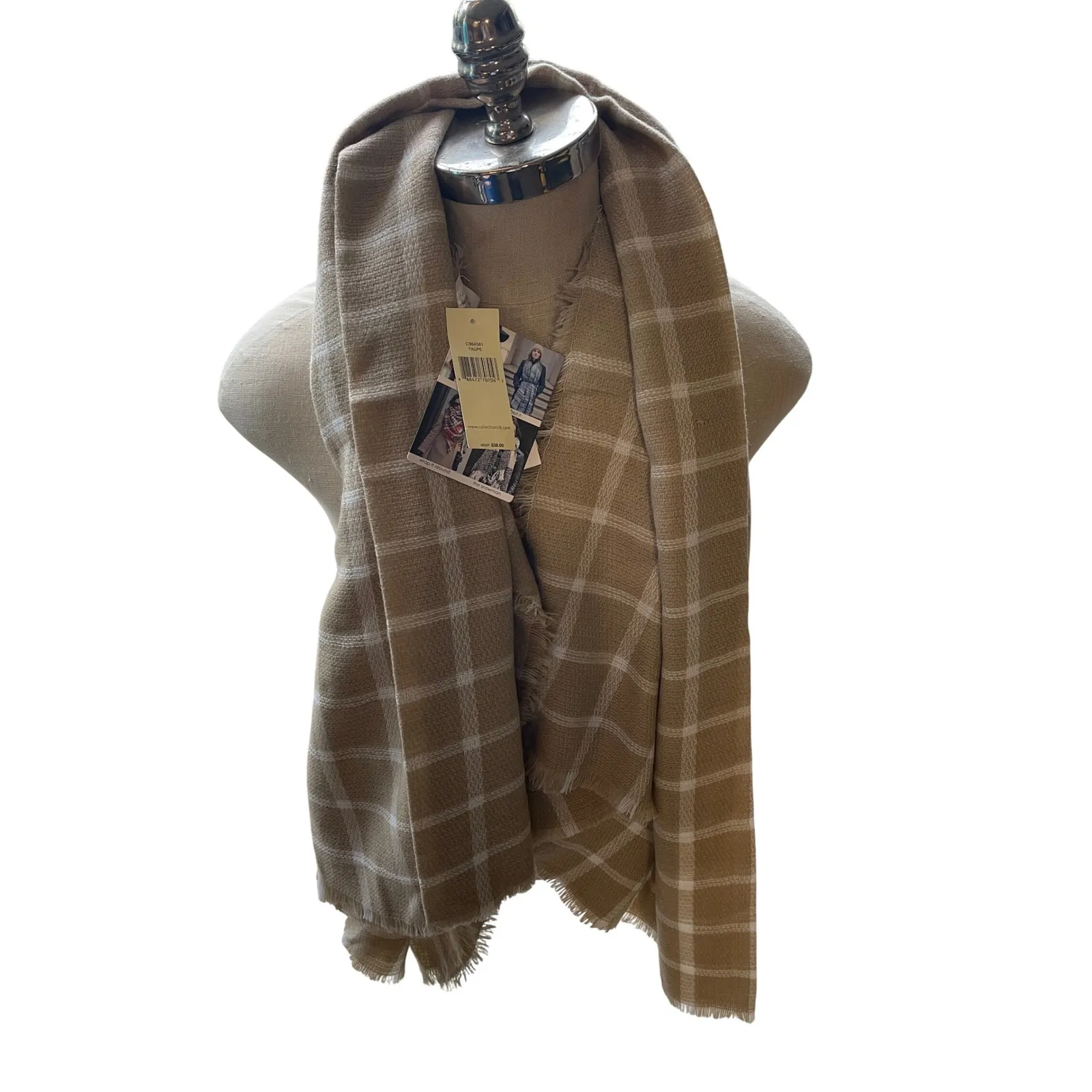 Collection 18 Taupe Plaid Fringe Scarf Acrylic New with Tags MSRP $38 Tan - Image 2
