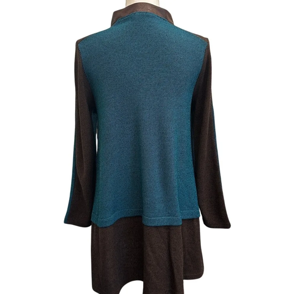 ANAC by Kimi Teal Brown Knit Long Art to Wear Cardigan Avant Garde Boho Medium Blue - Image 3
