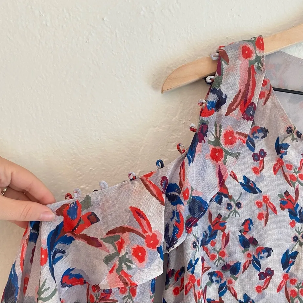 Tanya Taylor  Asymmetrical Ruffled Blue and Pink Blouse - Image 3