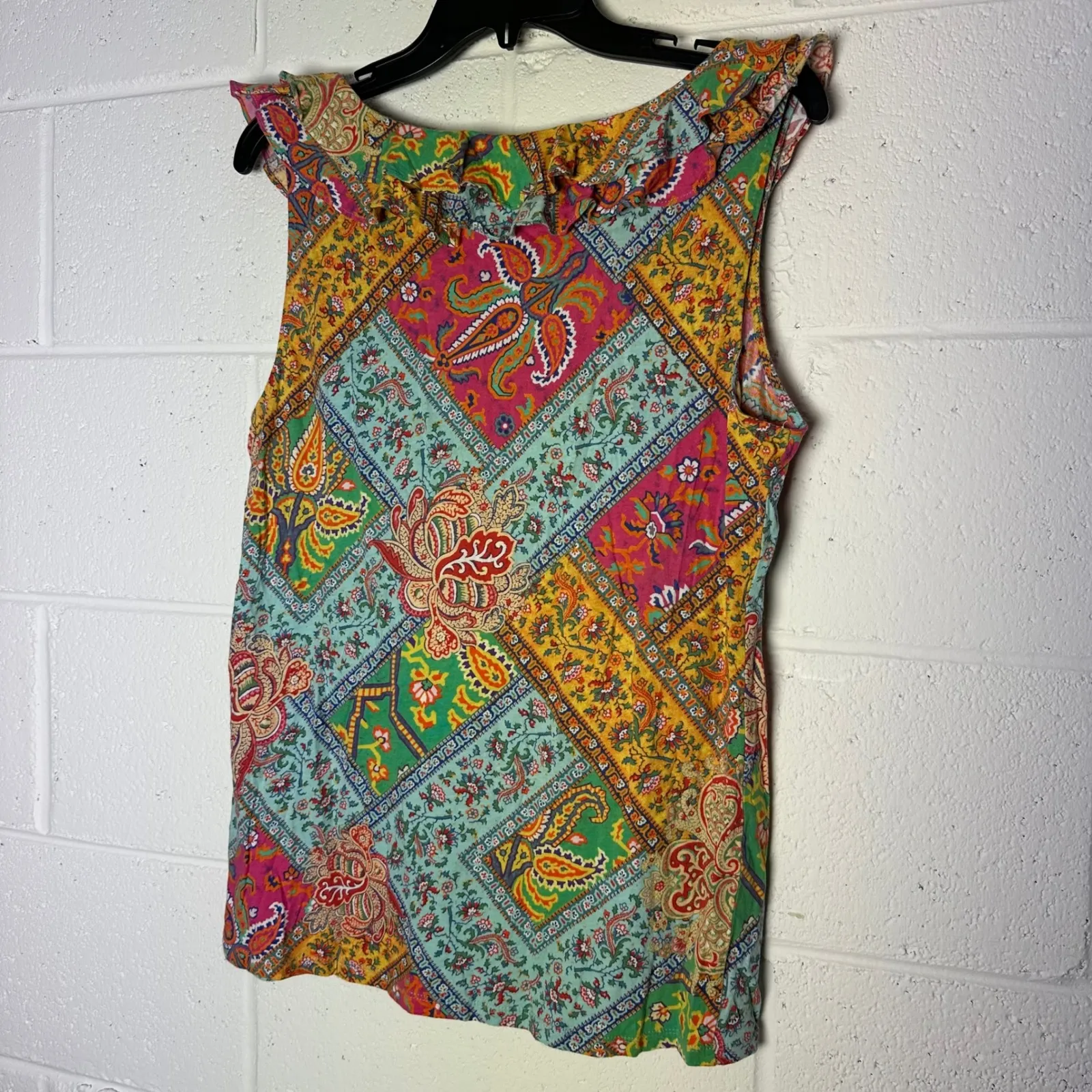 Lauren Ralph Lauren XL Tank Top Multicolor Paisley‎ Sleeveless Ruffle - Image 2