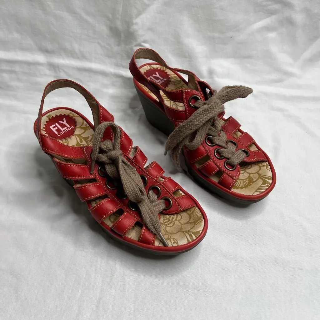 Fly London Yito Red Leather Lace Up Wedge Sandal Shoes EU 37 - Image 2