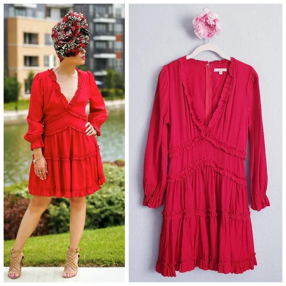 Mable Red Long Sleeve Ruffle Trim Dress - Image 2
