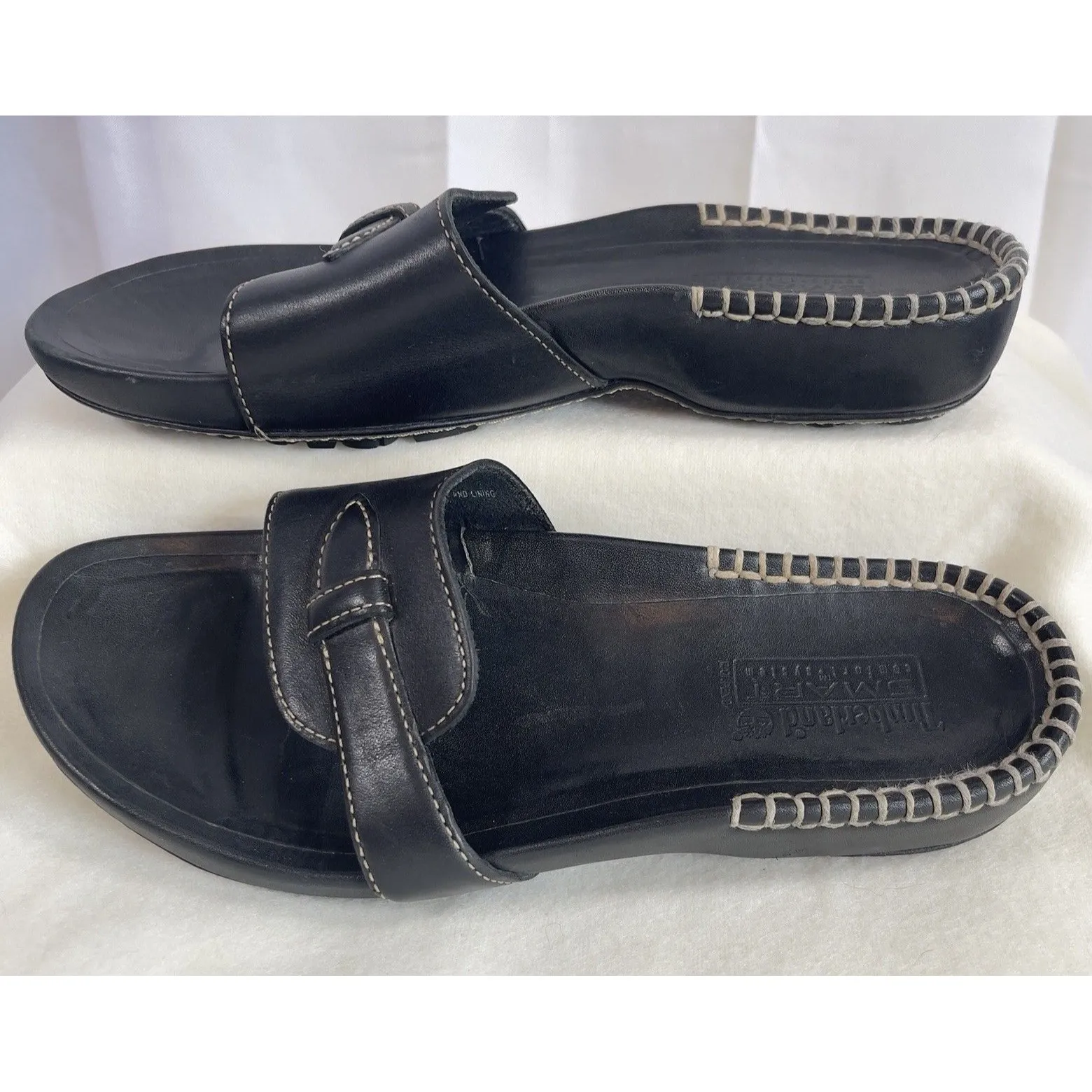 Timberland Black Leather Slip On Comfort Stitching Non-Slip Slide Sandals 6.5 - Image 2