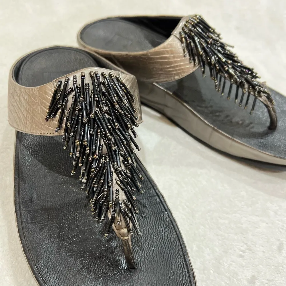 FitFlop Rumba Cha Cha Beaded Fringed Metallic Sandals Size 10 - Image 3