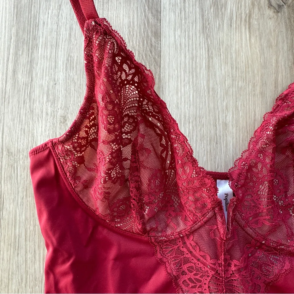 Popilush Shapewear Lace V Neck Side Slit Slimming Maxi Slip Dress sz XXL Red - Image 7