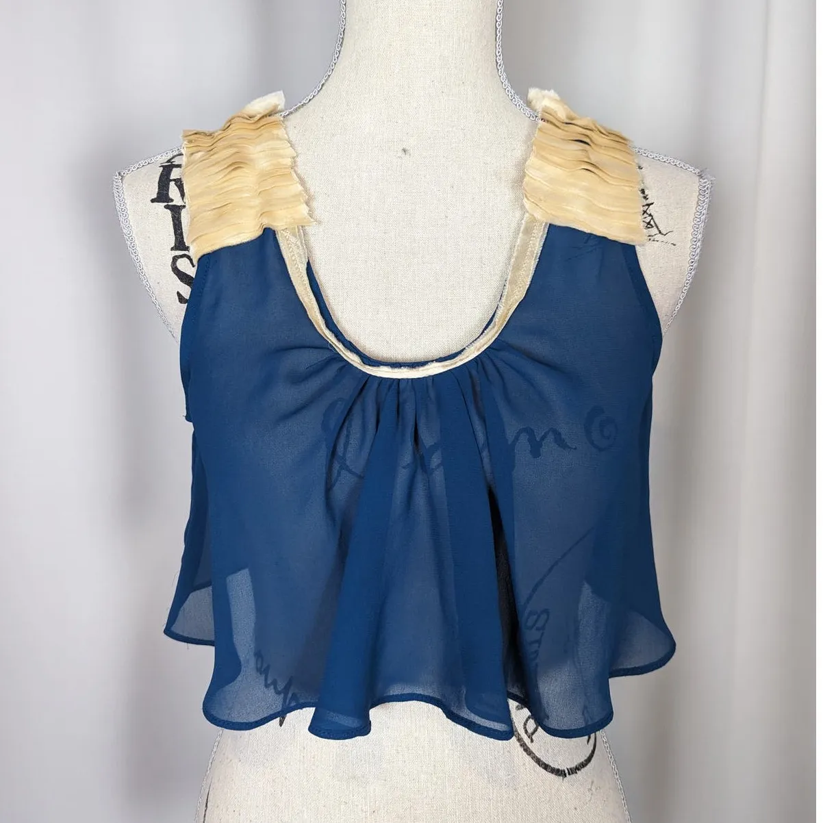 McGinn Sheer Ruffled Shoulder Cropped Top Teal & Cream Size 4 Blue - Image 11