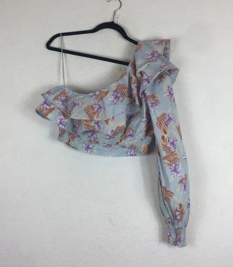 Urban Outfitters Kate One Sleeve Crop Top Large Blue Floral Ruffle - Image 10