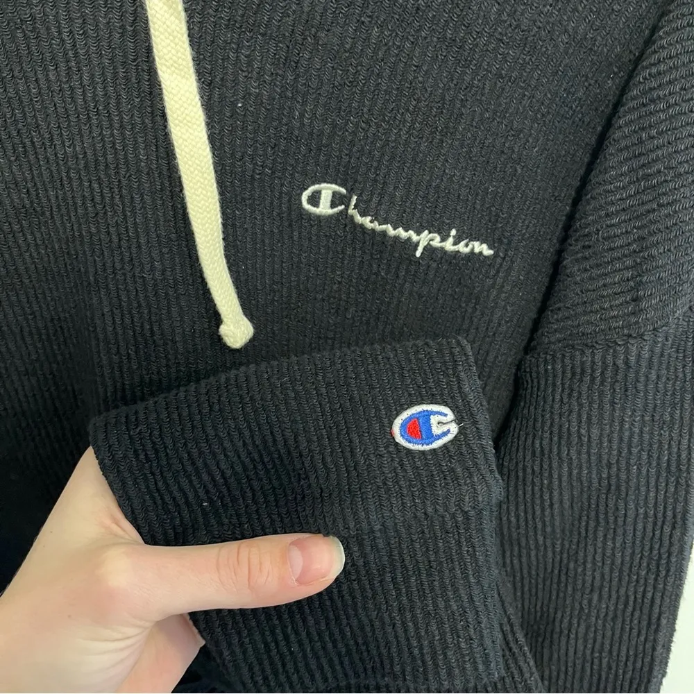 NWT Champion Black Ribbed Athletic Hoodie Cream Accents - L - Image 2