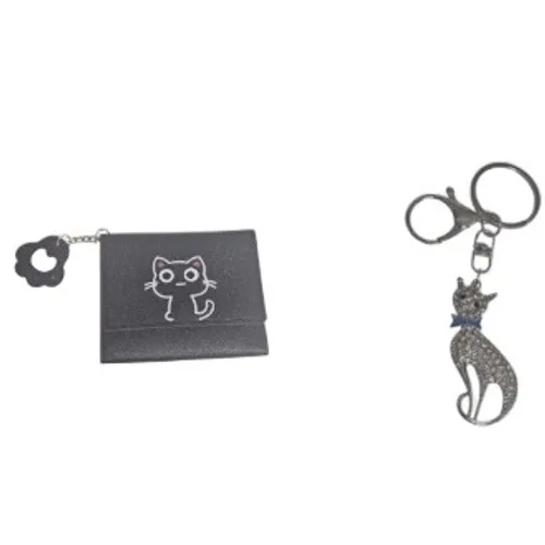 Black Cat‎ Wallet with Flower Charm & Rhinestone Cat Keychain Women's - Image 2
