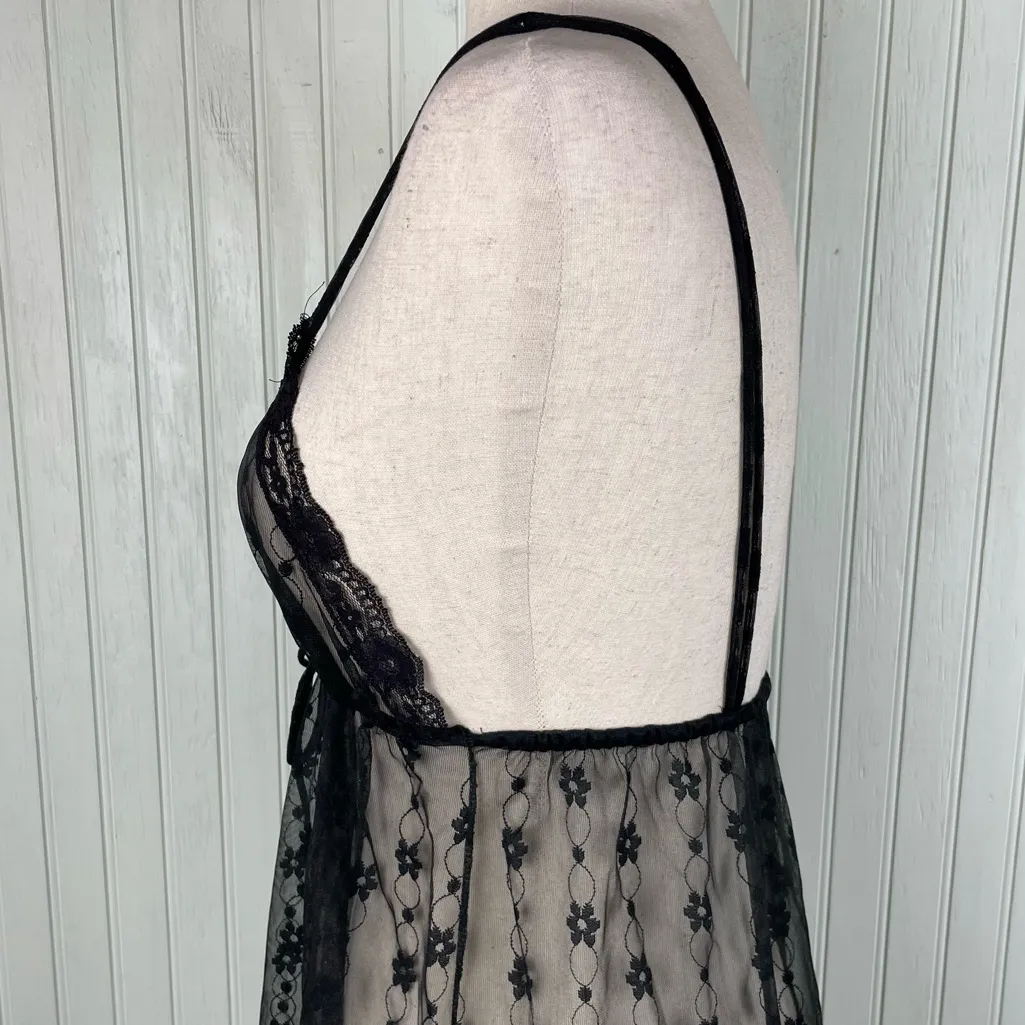 Vintage 1960s Beau Monde Lingerie Black Sheer Floral Long Nightgown Size Small - Image 5